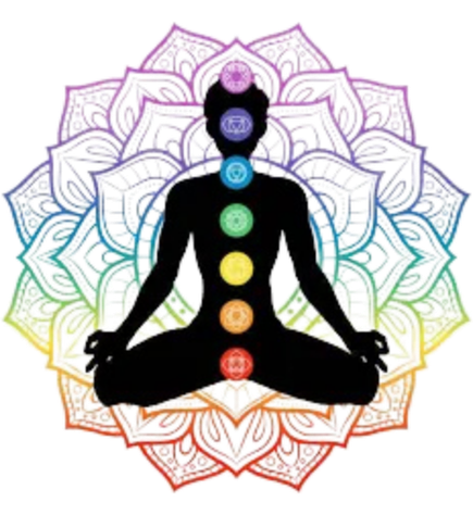 Silhouette en méditation lotus avec les 7 chakras lumineux
