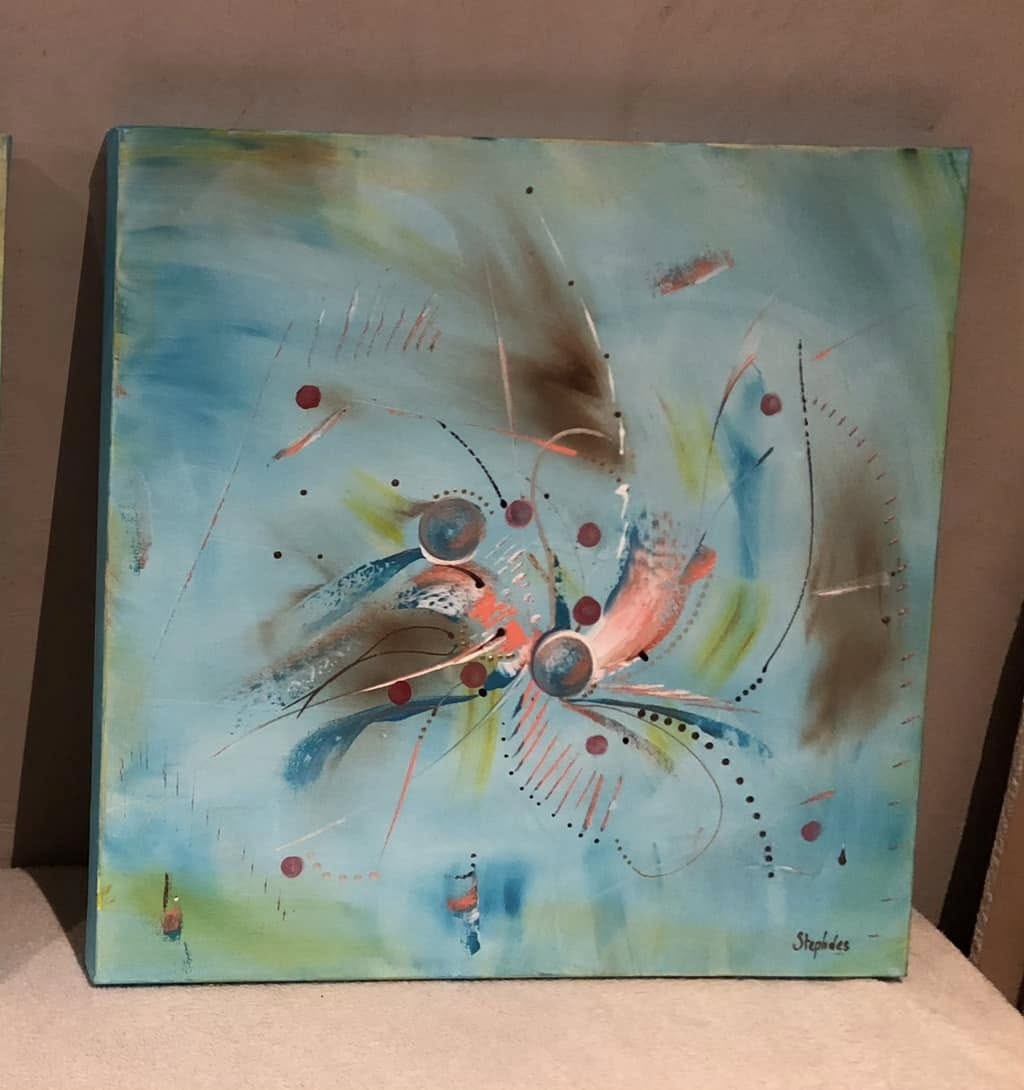 Peinture vibratoire de Stéphanie Desmaret, pivoines vibratoires en éclat