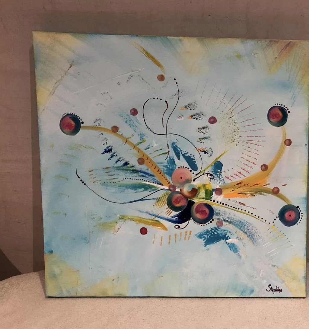 Peinture vibratoire de Stéphanie Desmaret, tons bleus et dorés