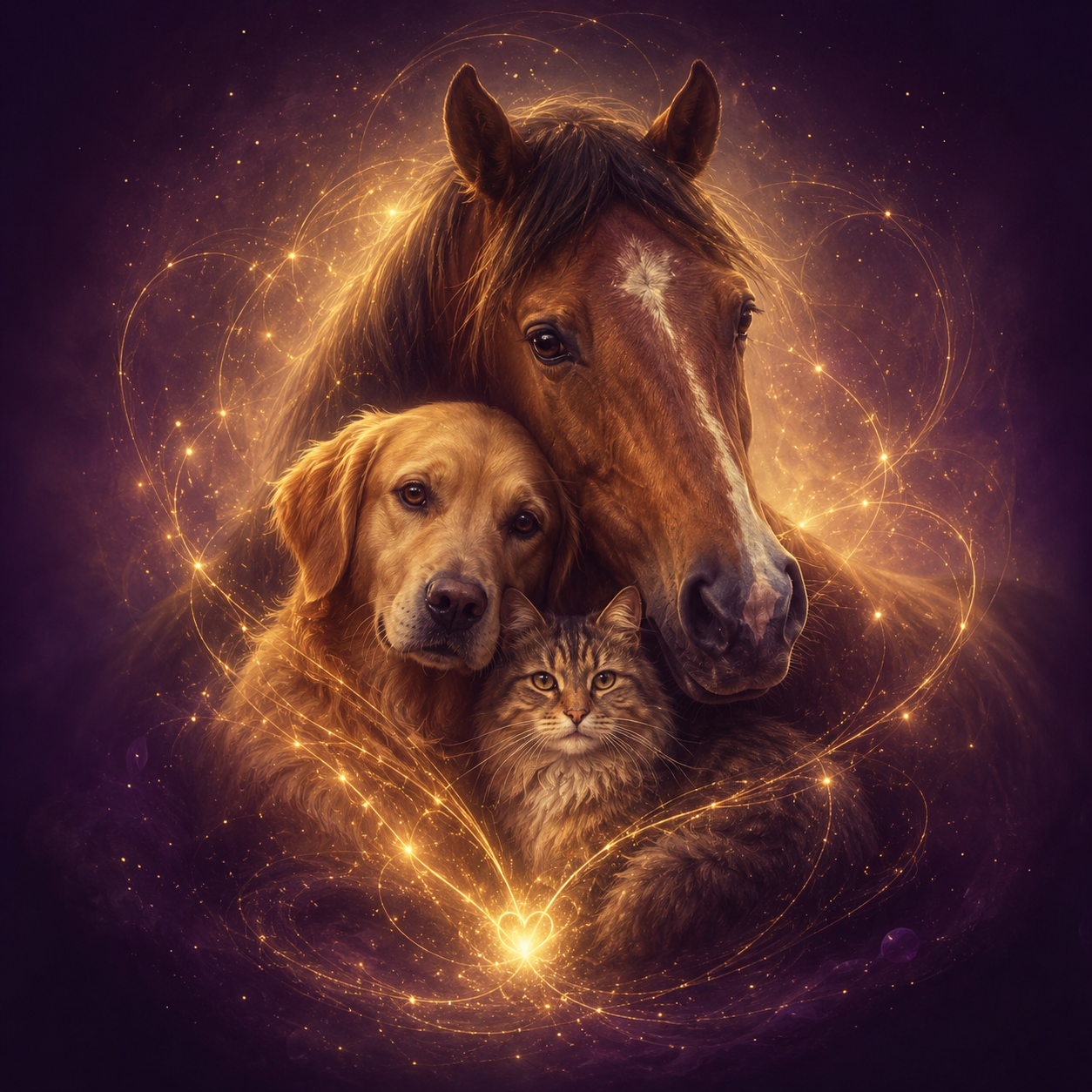 Chien, chat et cheval reliés par des filaments de lumière dorée, symbole de la communication animale