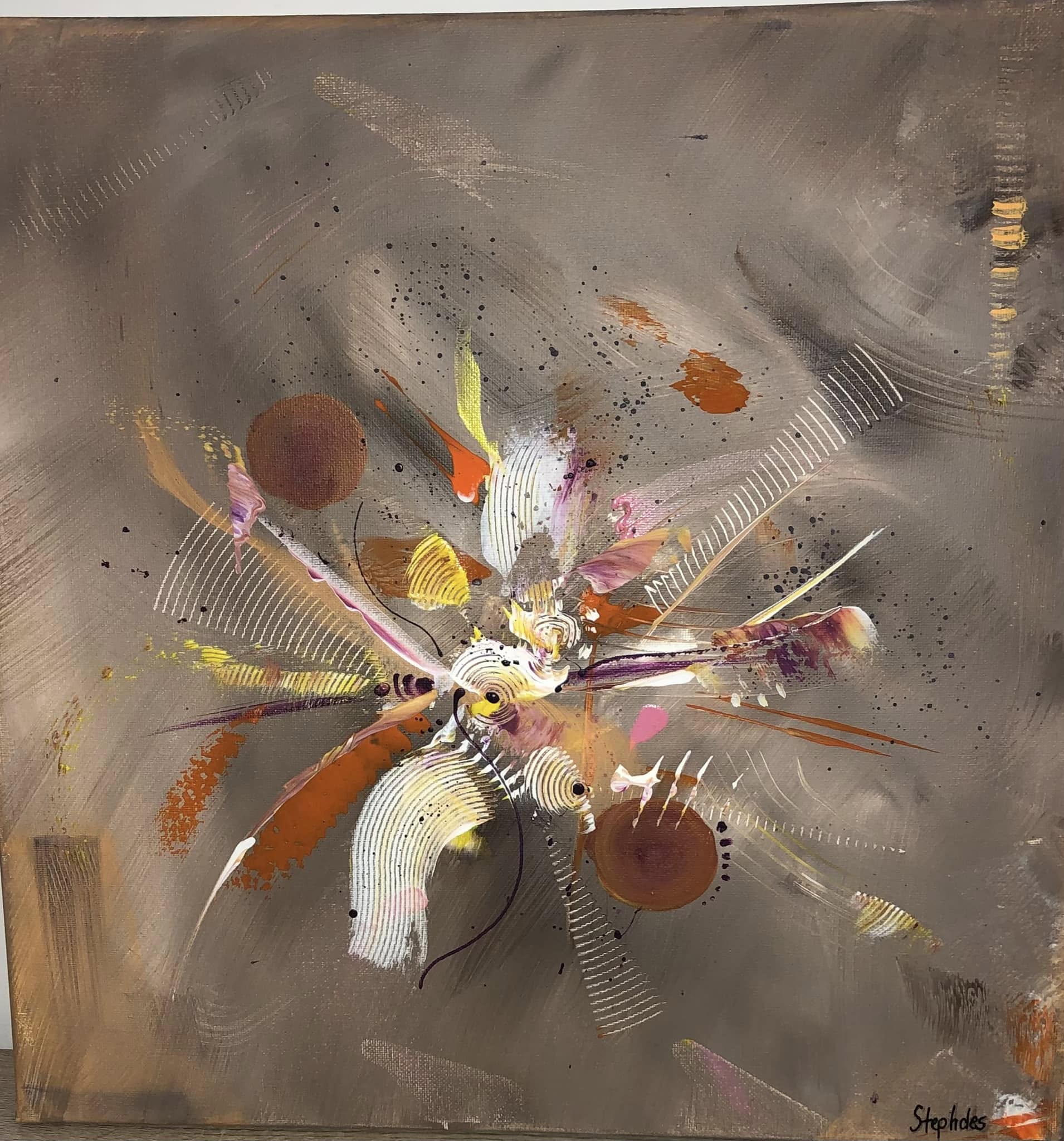 Peinture vibratoire de Stéphanie Desmaret, tons terre de sienne et rose