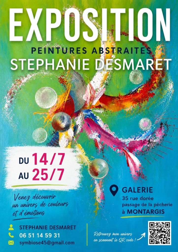 Affiche de l'exposition de peintures abstraites de Stéphanie Desmaret à Montargis, du 14 au 25 juillet 2026
