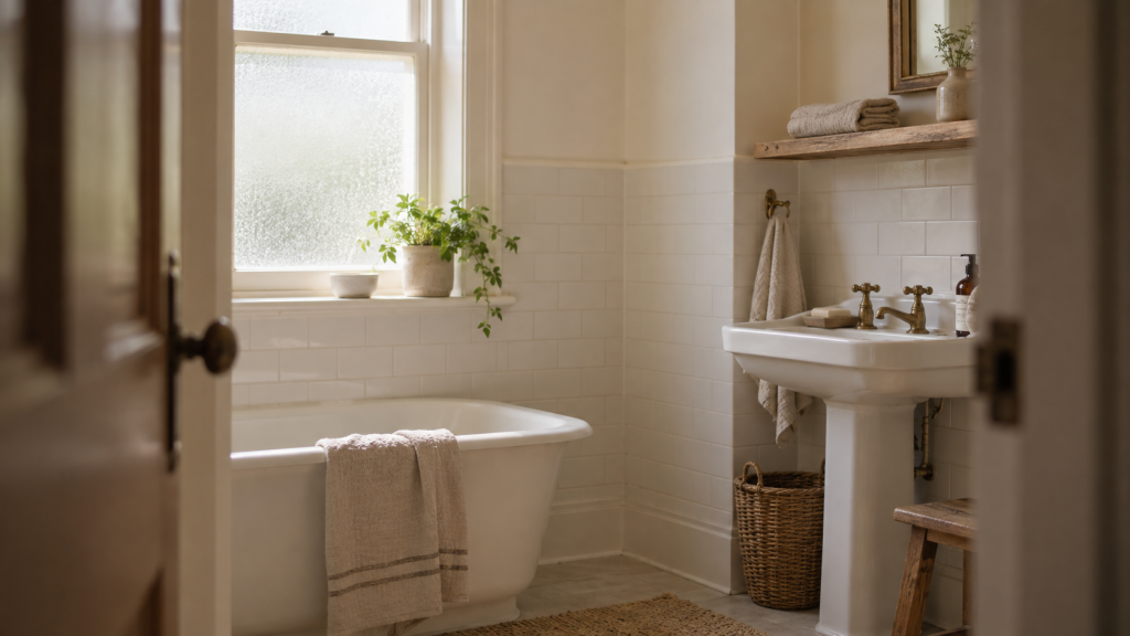 Salle de bain claire et dépouillée vue depuis la porte, lumière naturelle du matin