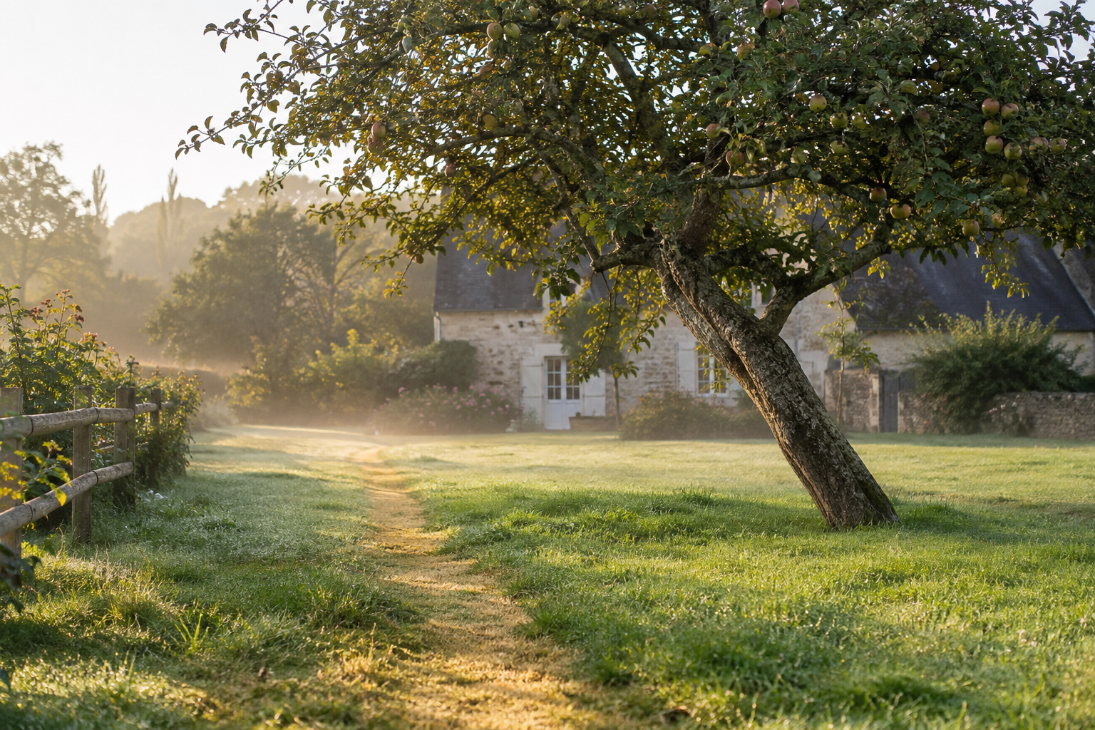 Arbre penché et bande de pelouse jaunie en ligne droite dans un jardin, signes possibles d'une veine d'eau