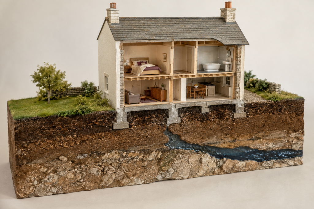 Maison vue en coupe avec une veine d'eau souterraine qui passe sous une chambre