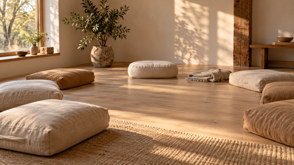Salle préparée pour un atelier bien-être à Montargis : coussins de sol en cercle et lumière de fin de journée