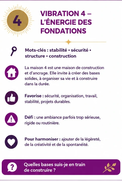Carte de la vibration 4 : la maison 4 en numérologie, l'énergie des fondations, ses mots-clés, ce qu'elle favorise, son défi et comment l'harmoniser