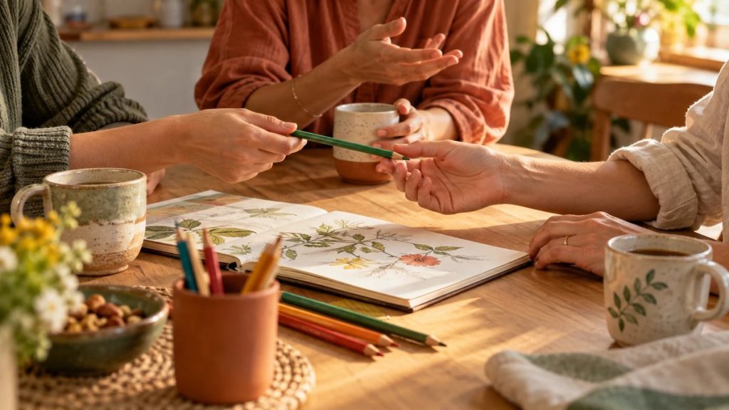 Des mains autour d'une table pleine de couleurs, de tasses et de rires partagés, la convivialité et la créativité de la maison 3 en numérologie