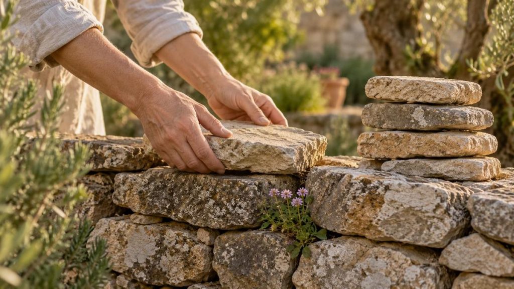 Des mains qui posent une pierre plate sur un muret de pierres sèches au soleil, une petite fleur entre les pierres : la solidité et l'ancrage de la maison 4 en numérologie
