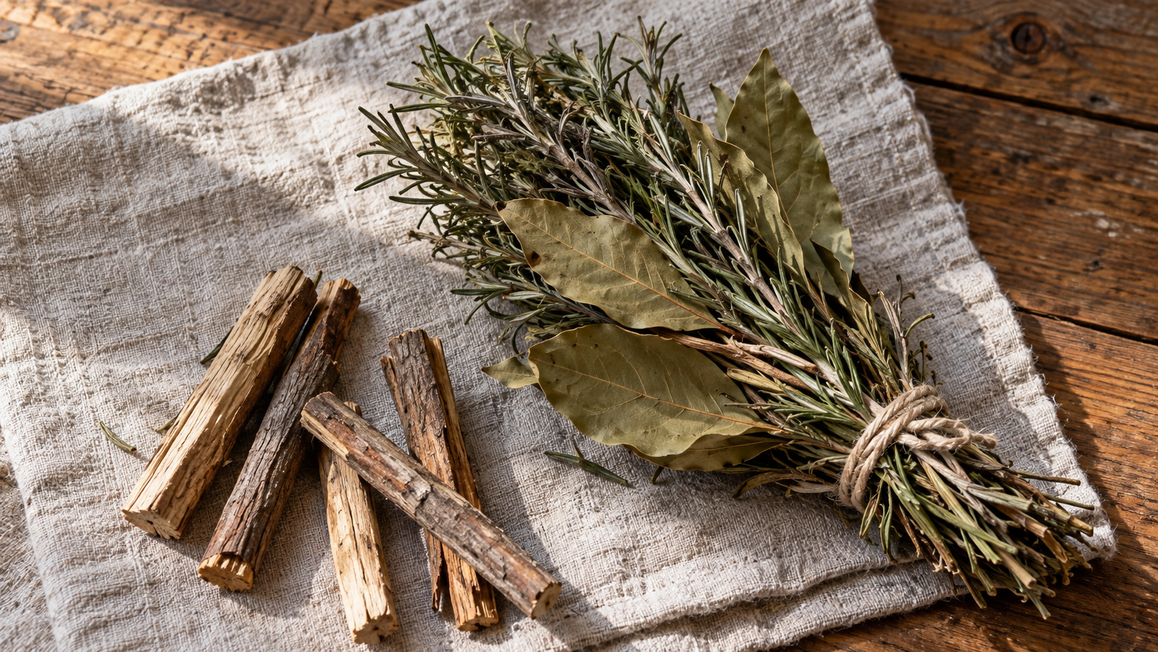 Bouquet de romarin et de laurier séchés et bâtonnets de bois sur un linge en lin, des alternatives locales à la sauge blanche