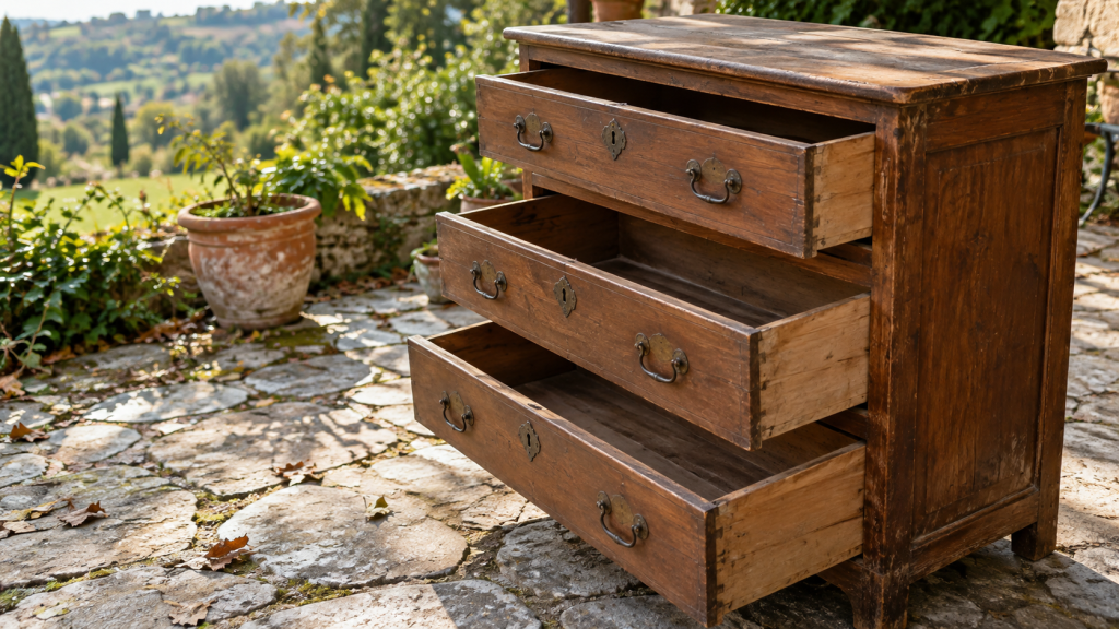 Commode ancienne en bois sortie sur une terrasse, tiroirs ouverts au soleil, pour purifier un objet d’occasion